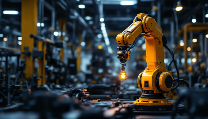 A photograph of a sleek industrial robotic arm in action