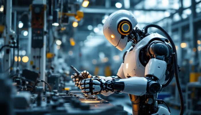 A photograph of a modern industrial robot in action on a factory floor