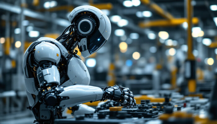 A photograph of a sleek industrial robot in action on a factory floor
