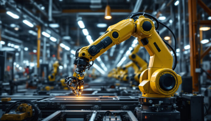 A photograph of a sleek industrial robotic arm in action within a modern manufacturing facility