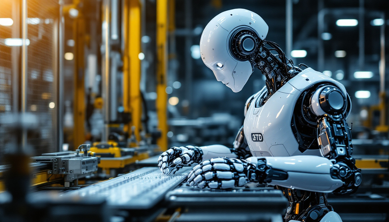 A photograph of a sleek industrial robot in action within a manufacturing environment