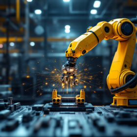 A photograph of a modern industrial setting featuring a robotic arm in action