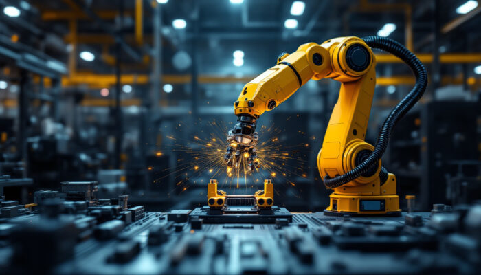 A photograph of a modern industrial setting featuring a robotic arm in action