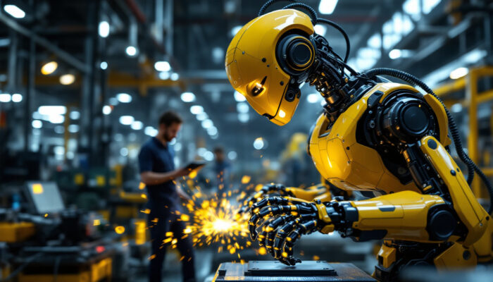 A photograph of a modern industrial robot in action within a manufacturing environment