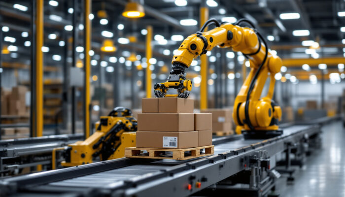A photograph of a modern industrial robotic arm in action