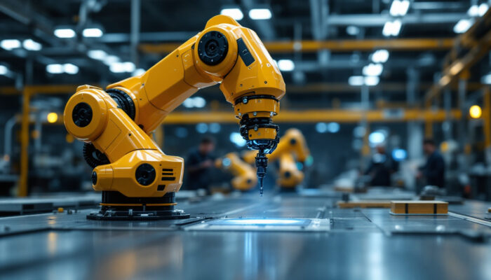 A photograph of a modern industrial robot in action