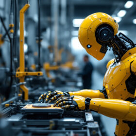 A photograph of a sleek industrial robot in action within a modern manufacturing environment