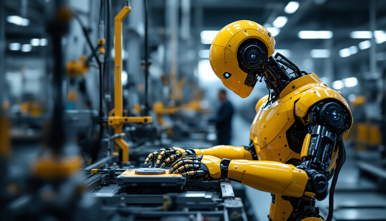 A photograph of a sleek industrial robot in action within a modern manufacturing environment