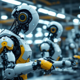 A photograph of a sleek industrial robot in action within a modern manufacturing facility