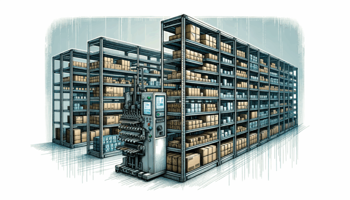 An organized warehouse scene featuring a multi-sku picker device efficiently sorting and collecting various product skus from shelves