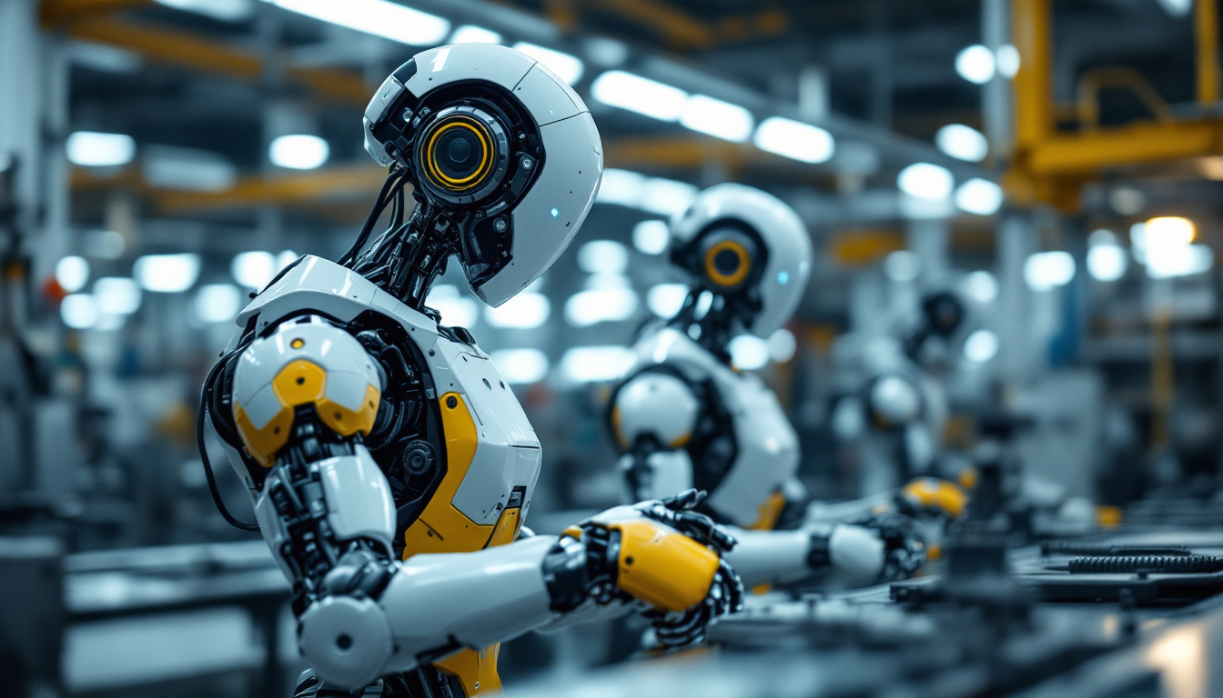 A photograph of a sleek industrial robot in action within a modern manufacturing facility