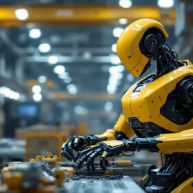 A photograph of a boston dynamics robot in action within an industrial setting