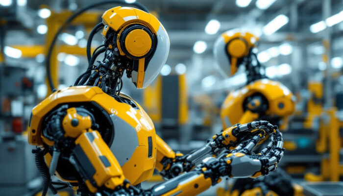 A photograph of a sleek industrial robot in action