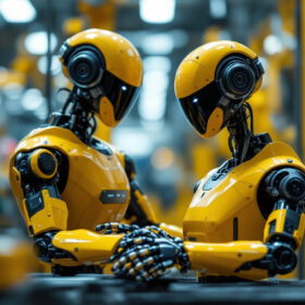 A photograph of a sleek tesla robot in an industrial setting
