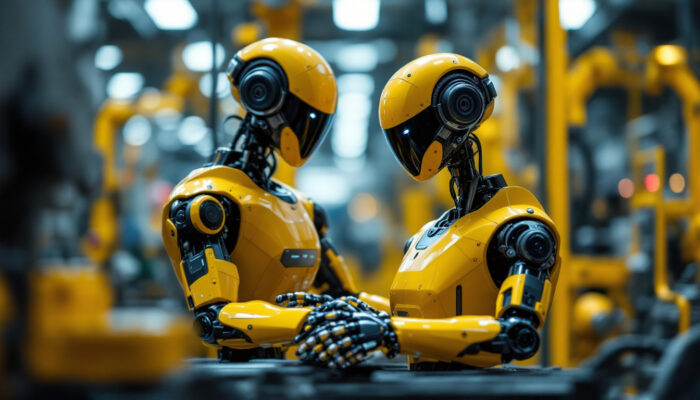 A photograph of a sleek tesla robot in an industrial setting
