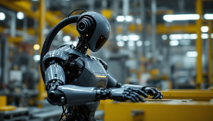 A photograph of a sleek tesla bot in an industrial setting
