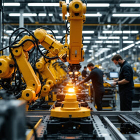 A photograph of a modern manufacturing facility showcasing industrial robots in action