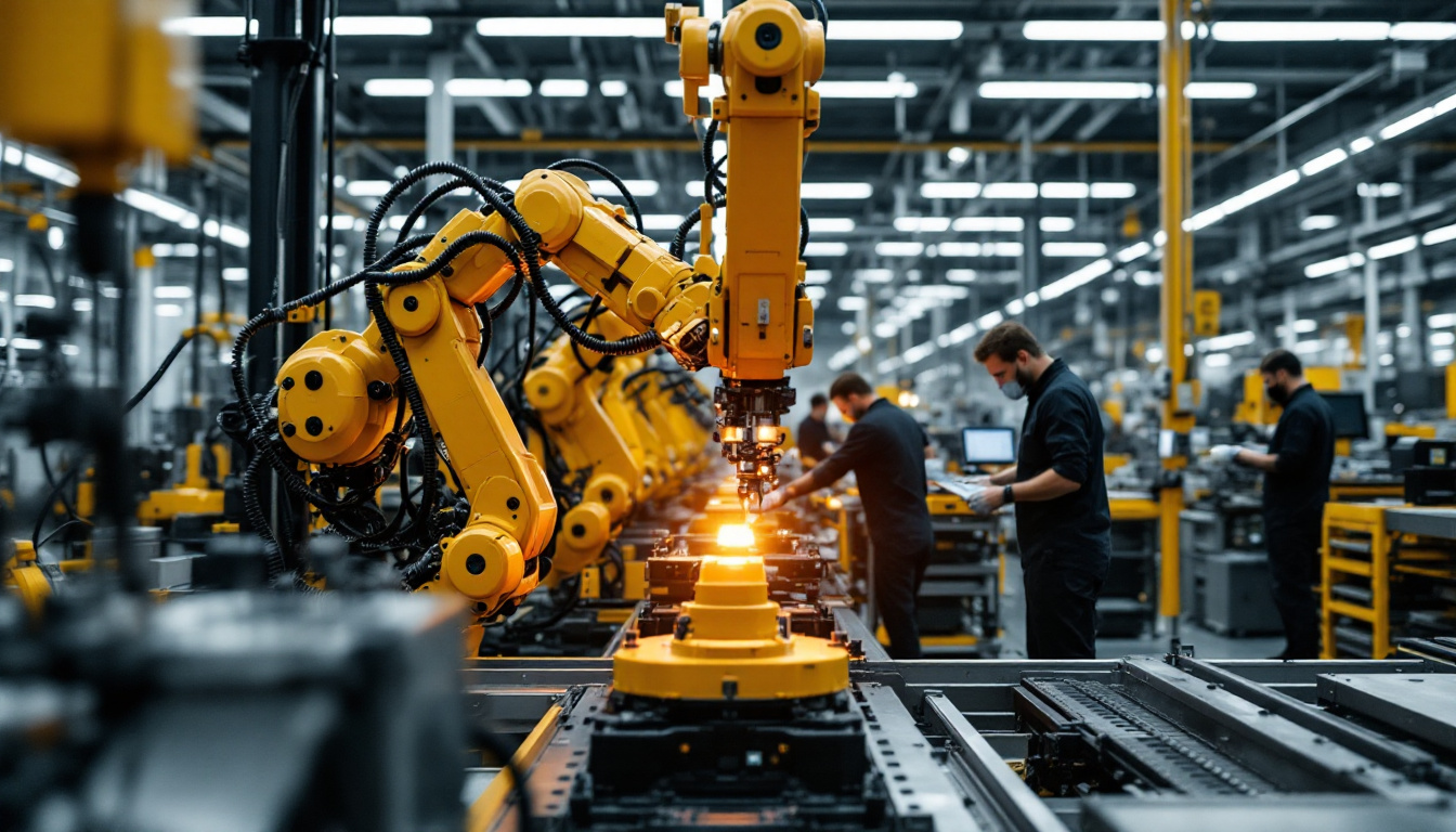 A photograph of a modern manufacturing facility showcasing industrial robots in action