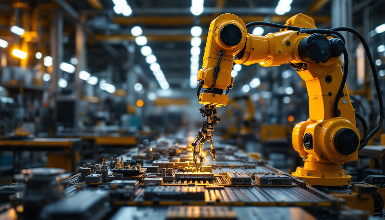 A photograph of capture a photograph of a modern industrial manufacturing robot in action on a factory floor