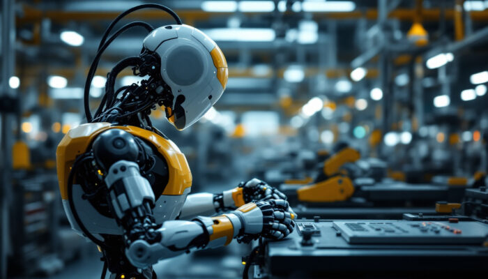 A photograph of a modern industrial robot in action on a factory floor