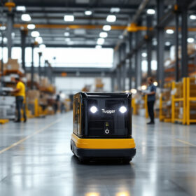 A photograph of a tugger agv in action within an industrial setting