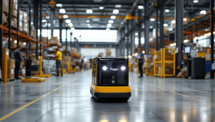 A photograph of a tugger agv in action within an industrial setting