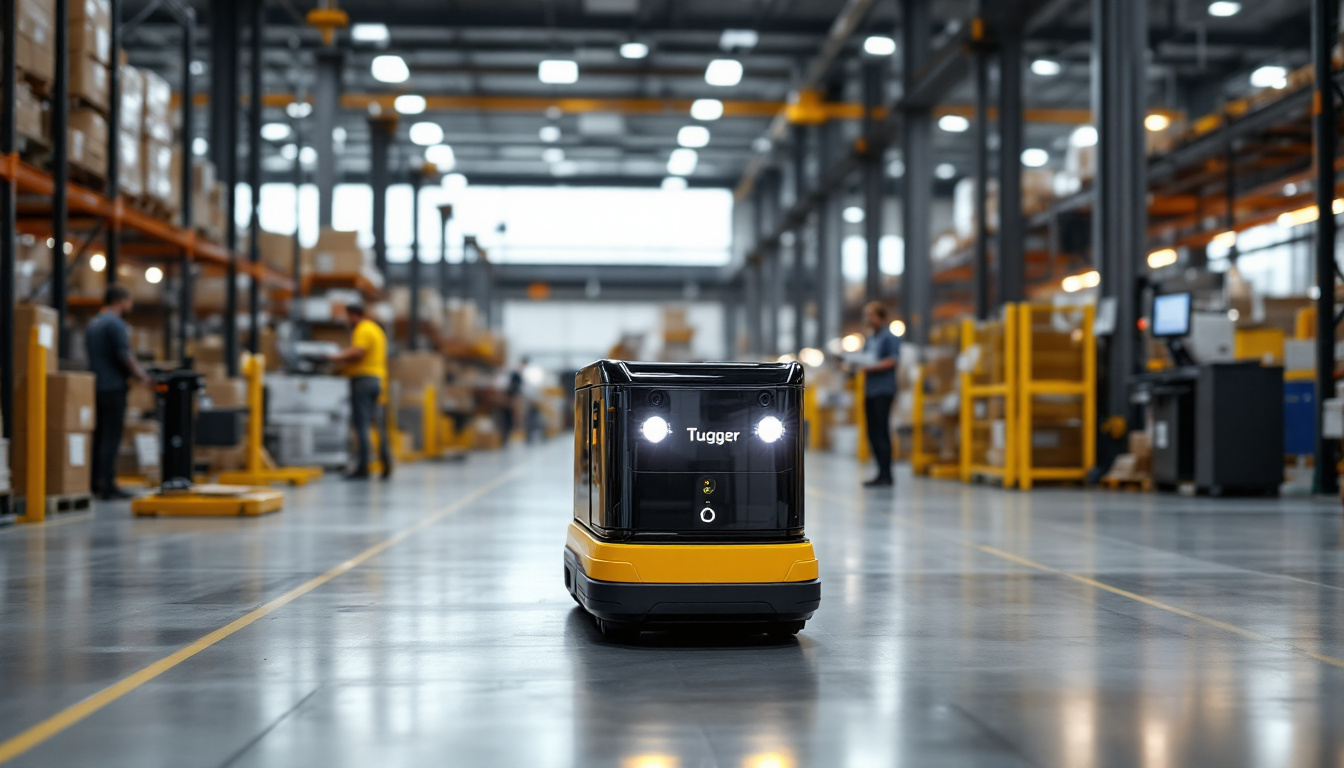 A photograph of a tugger agv in action within an industrial setting