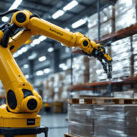 A photograph of a sleek industrial robotic arm in action