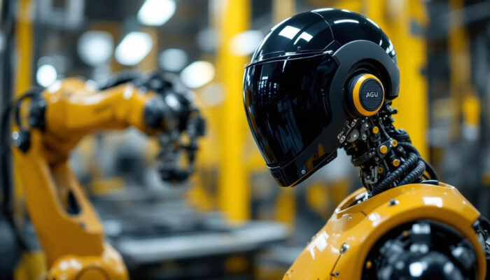 A photograph of capture a photograph of an industrial robotic arm equipped with an agu helmet