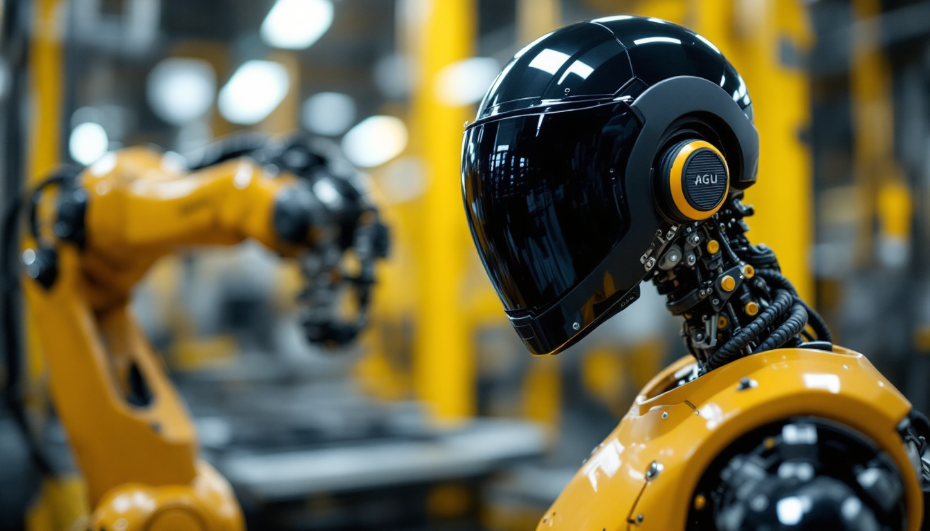 A photograph of capture a photograph of an industrial robotic arm equipped with an agu helmet