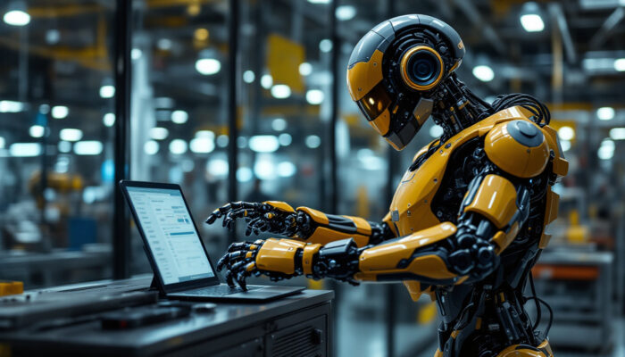 A photograph of a sleek industrial robot in action