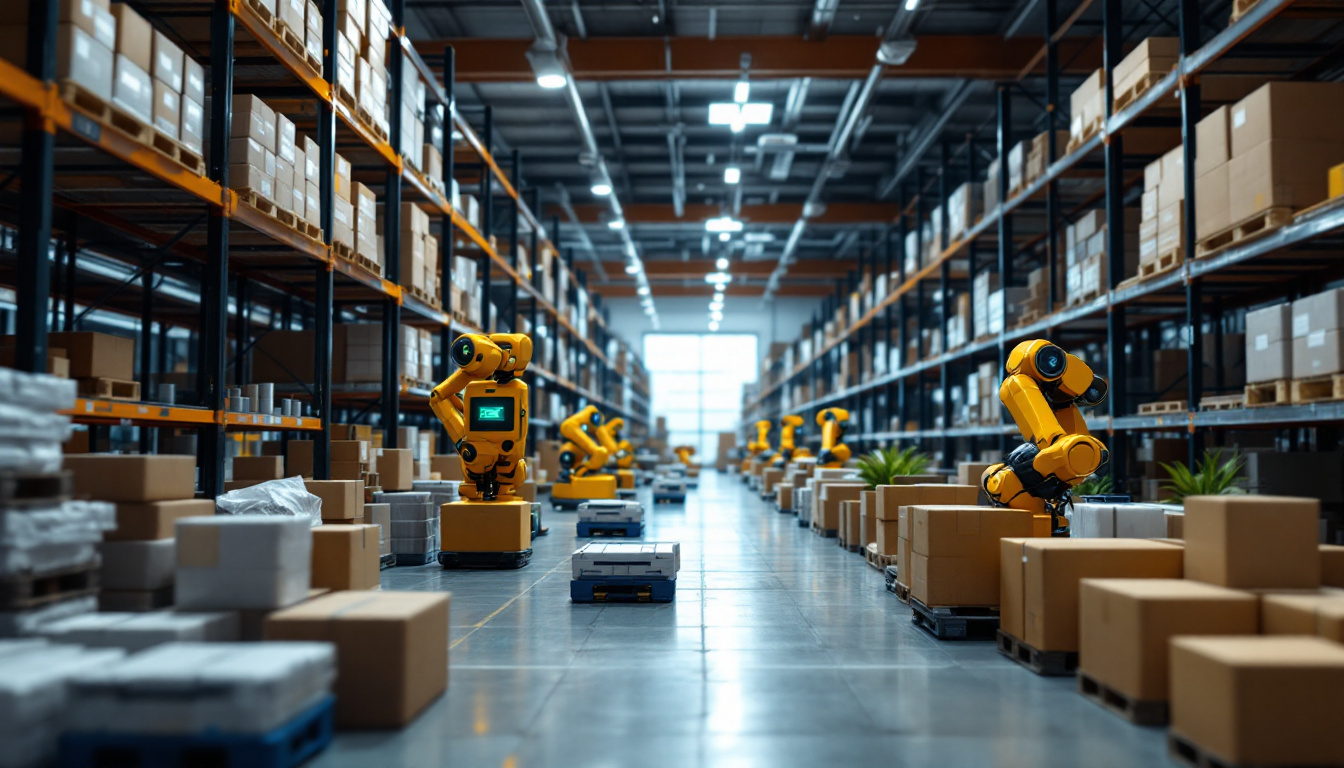 A photograph of a modern warehouse filled with advanced robotic systems in action
