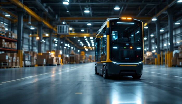 A photograph of a modern automated guided vehicle forklift in action within an industrial warehouse setting