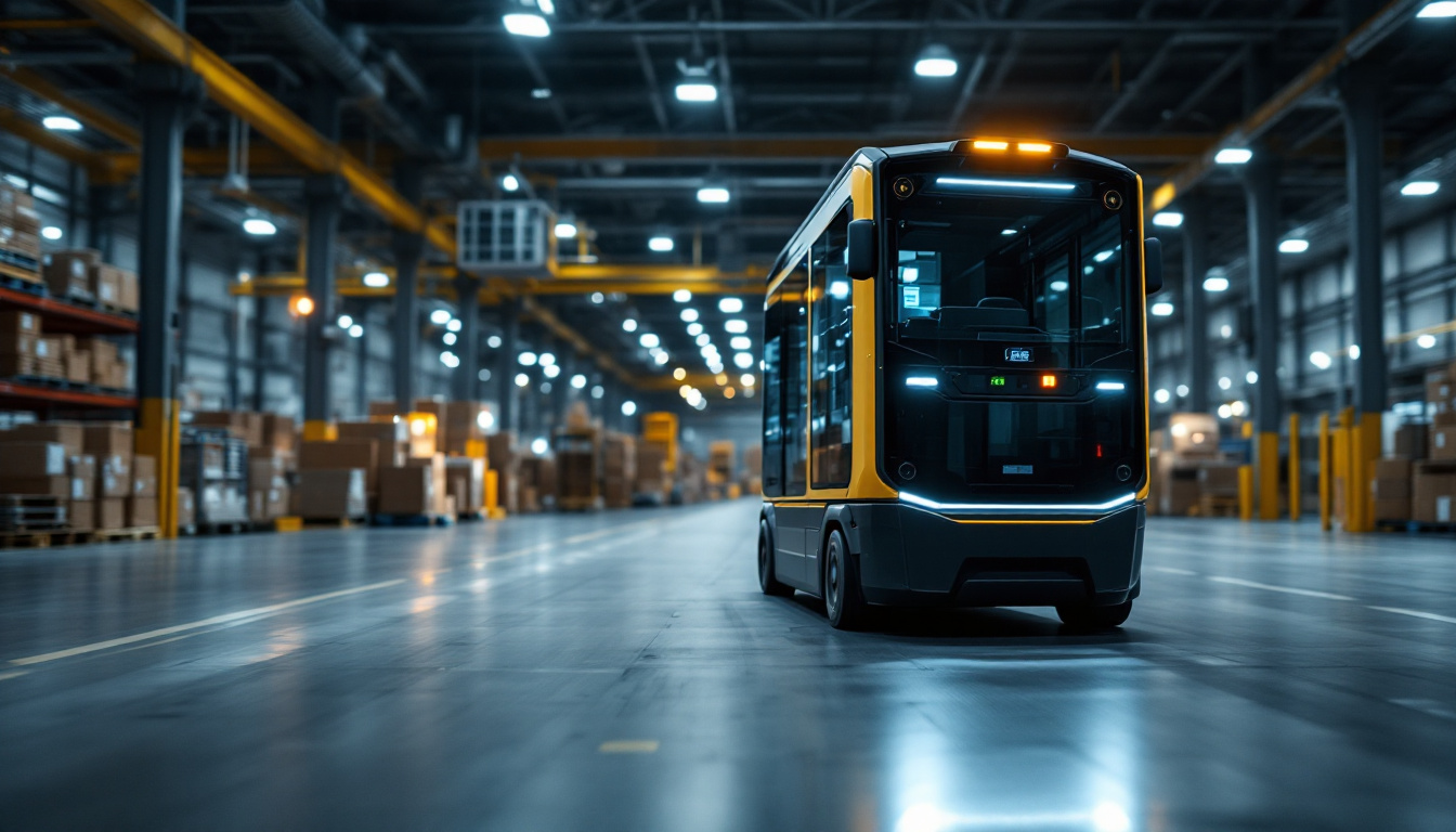 A photograph of a modern automated guided vehicle forklift in action within an industrial warehouse setting