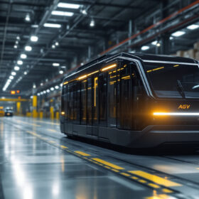 A photograph of a sleek and modern automated guided vehicle (agv) navigating through a bustling industrial warehouse