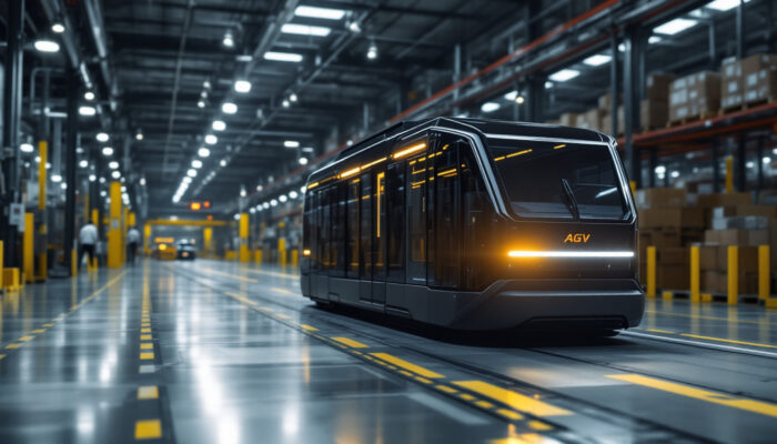 A photograph of a sleek and modern automated guided vehicle (agv) navigating through a bustling industrial warehouse