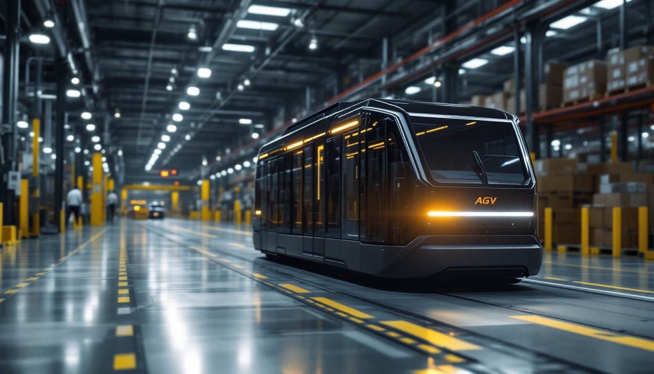 A photograph of a sleek and modern automated guided vehicle (agv) navigating through a bustling industrial warehouse