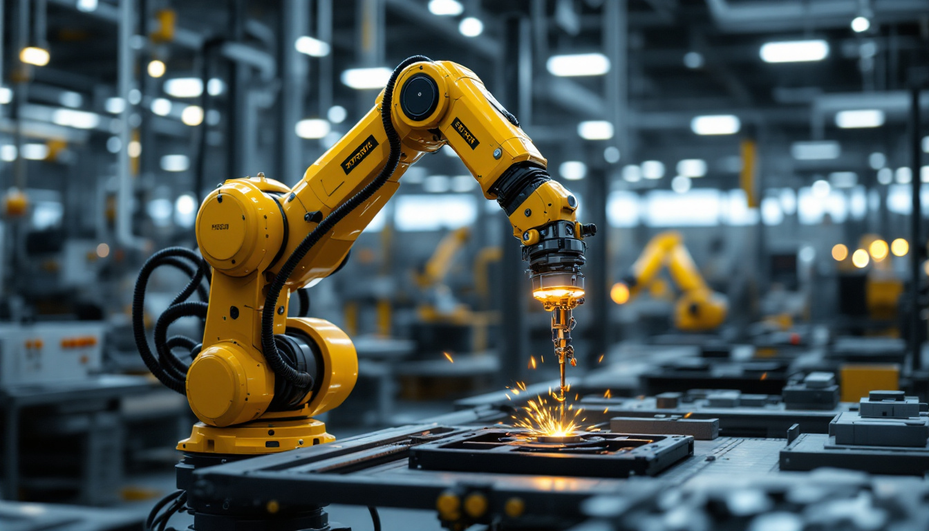 A photograph of a sleek industrial robotic arm in action on a factory floor