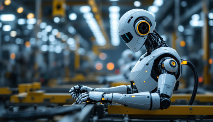 A photograph of a sleek industrial robot equipped with various sensors in an active manufacturing environment