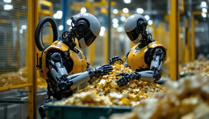 A photograph of a sleek industrial robot in action as it sorts and processes recyclable materials in a modern recycling facility