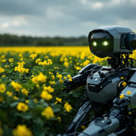 A photograph of a modern agricultural robot in action