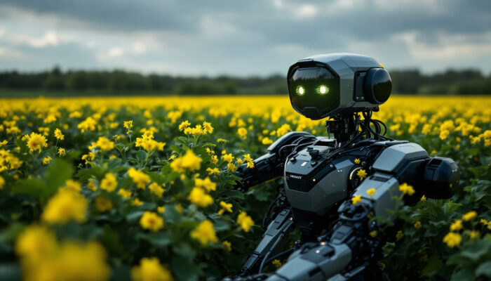 A photograph of a modern agricultural robot in action