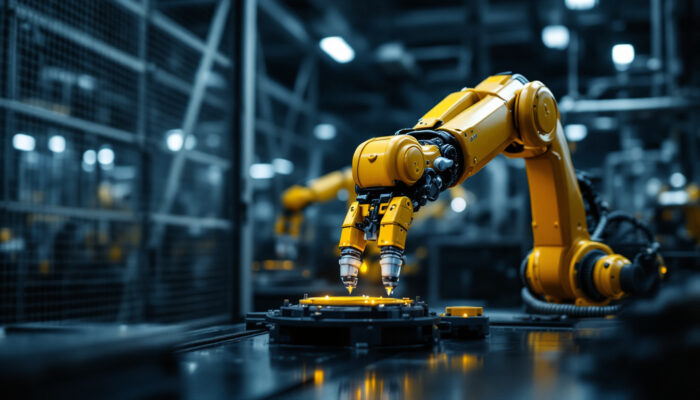 A photograph of capture a photograph of a robotic arm in an industrial setting