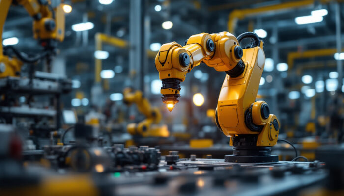 A photograph of capture a photograph of a sleek industrial robotic arm in action