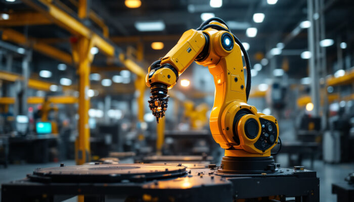 A photograph of a sleek industrial robotic arm in action