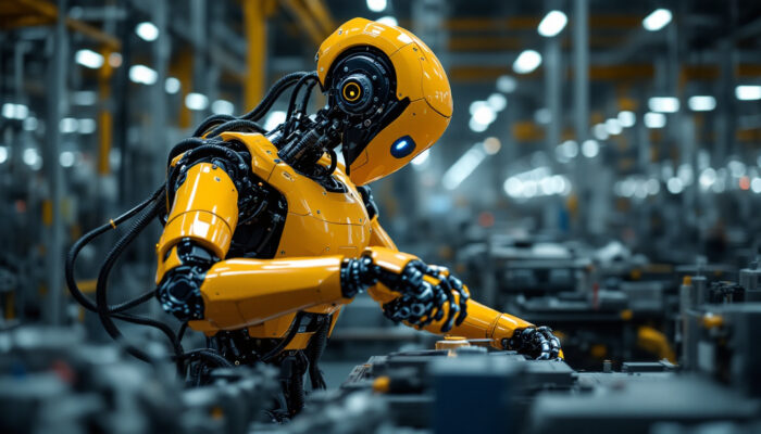 A photograph of a modern industrial robot in action within a manufacturing environment