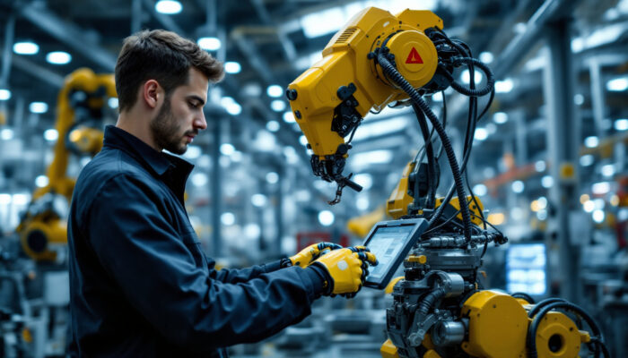 A photograph of a skilled technician programming or operating an industrial robot within a modern manufacturing facility