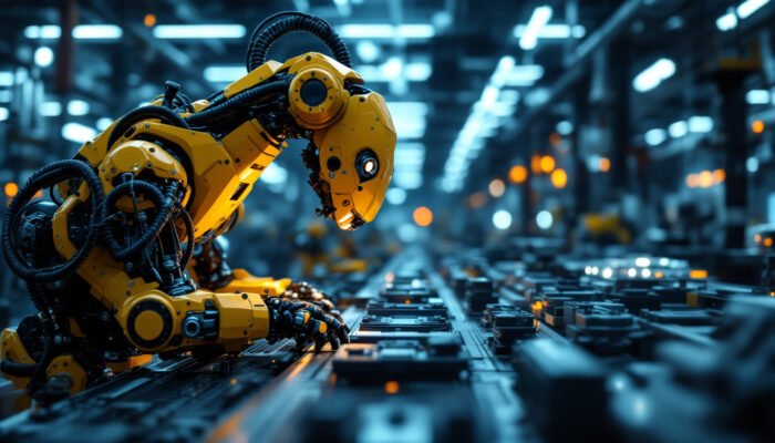 A photograph of a modern industrial robot in action on a factory floor