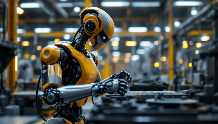 A photograph of a sleek industrial robot in action within a manufacturing setting