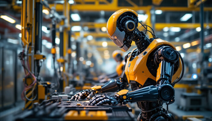 A photograph of a sleek industrial robot in action within a modern manufacturing environment